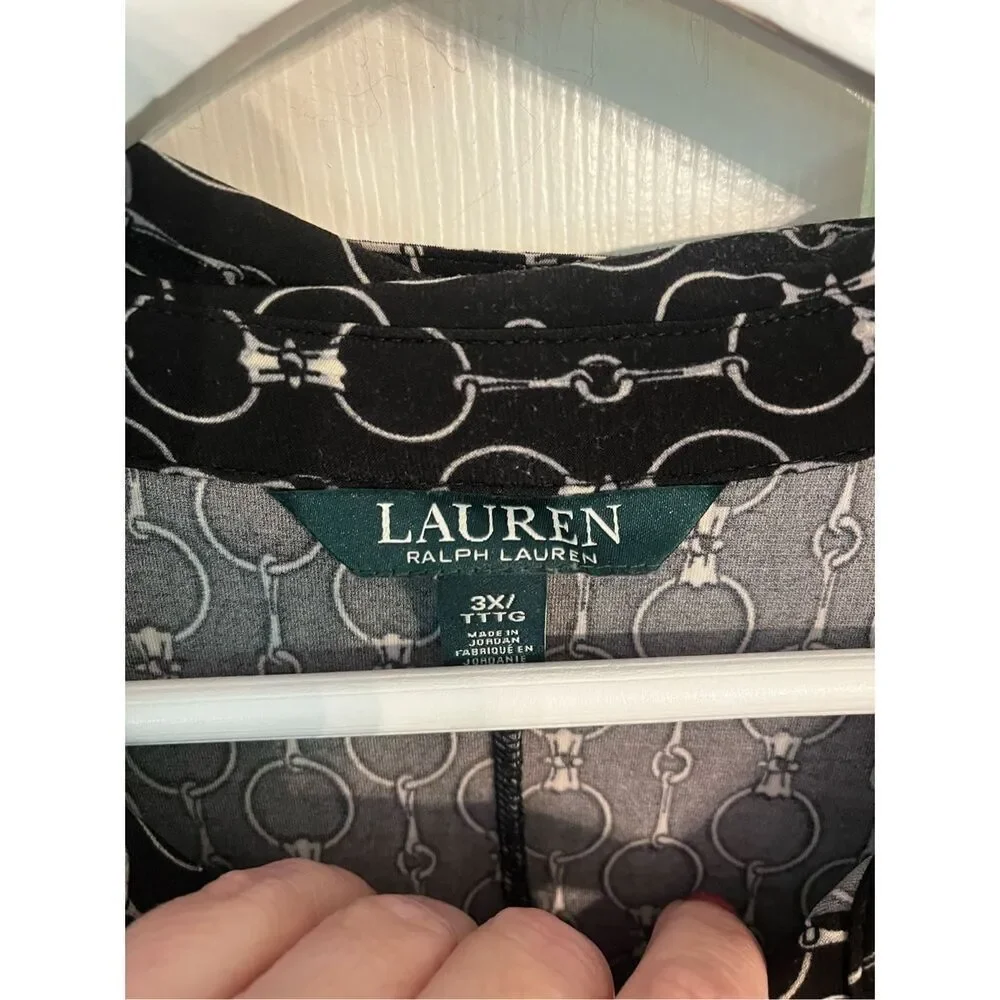 Lauren Ralph Lauren Black Equestrian Print 1/2 Button Belted Slinky Shirt Dress